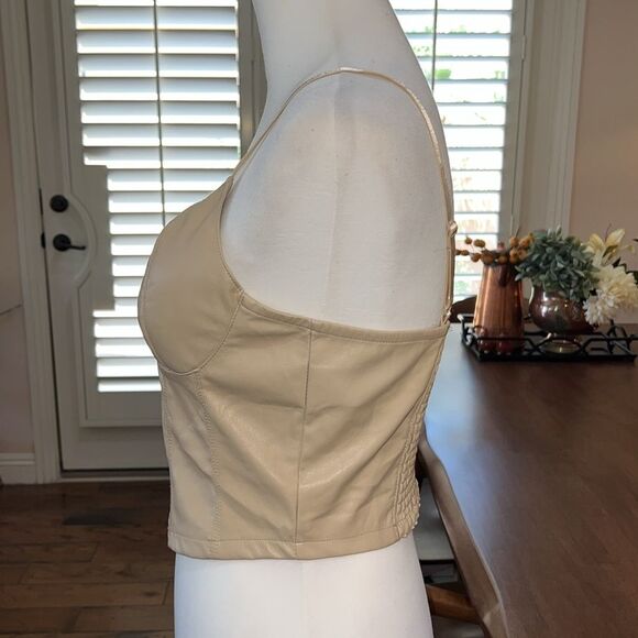 Madden Nyc Women's Bustier Faux Leather buttery soft Beige smocked Crop Top Sz L - Picture 3 of 12